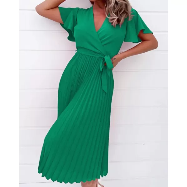 imageBTFBM Women Wrap V Neck Casual Summer Dresses 2023 Short Sleeve Satin Tie Waist Pleated Flowy Wedding Guest Midi DressSolid Green