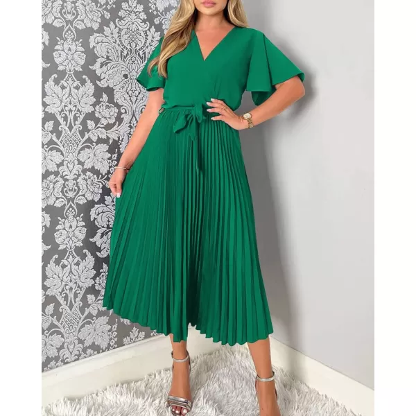imageBTFBM Women Wrap V Neck Casual Summer Dresses 2023 Short Sleeve Satin Tie Waist Pleated Flowy Wedding Guest Midi DressSolid Green