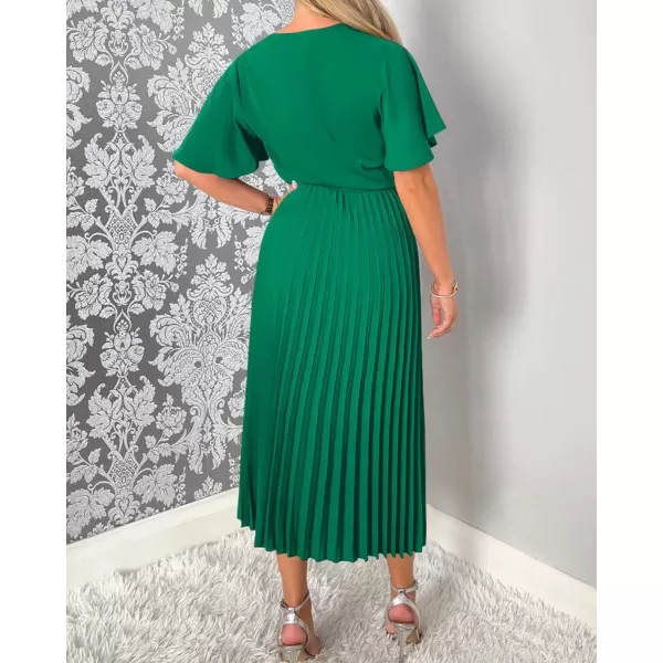 imageBTFBM Women Wrap V Neck Casual Summer Dresses 2023 Short Sleeve Satin Tie Waist Pleated Flowy Wedding Guest Midi DressSolid Green