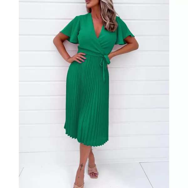 imageBTFBM Women Wrap V Neck Casual Summer Dresses 2023 Short Sleeve Satin Tie Waist Pleated Flowy Wedding Guest Midi DressSolid Green