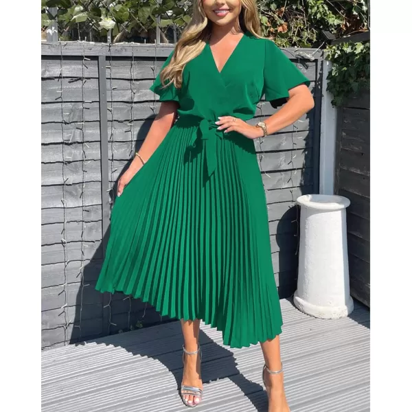 imageBTFBM Women Wrap V Neck Casual Summer Dresses 2023 Short Sleeve Satin Tie Waist Pleated Flowy Wedding Guest Midi DressSolid Green