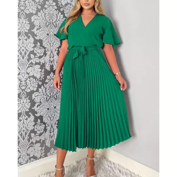 imageBTFBM Women Wrap V Neck Casual Summer Dresses 2023 Short Sleeve Satin Tie Waist Pleated Flowy Wedding Guest Midi DressSolid Green