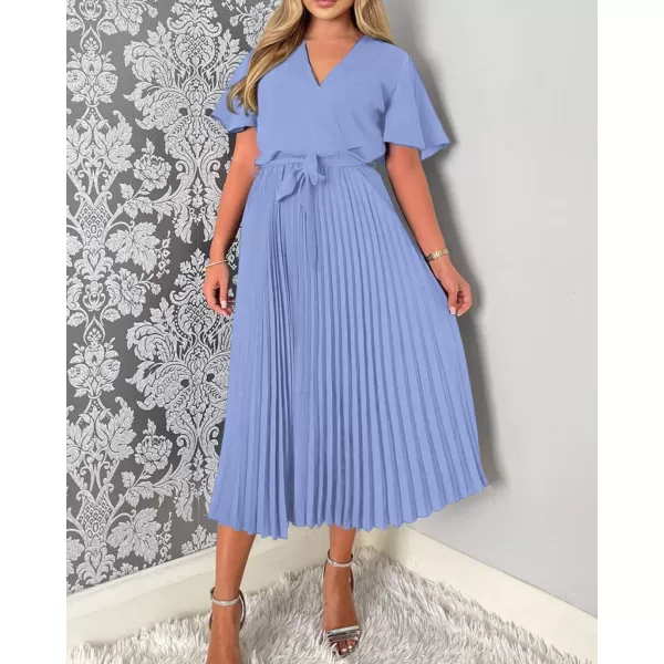 imageBTFBM Women Wrap V Neck Casual Summer Dresses 2023 Short Sleeve Satin Tie Waist Pleated Flowy Wedding Guest Midi DressSolid Light Blue