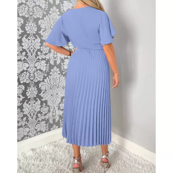 imageBTFBM Women Wrap V Neck Casual Summer Dresses 2023 Short Sleeve Satin Tie Waist Pleated Flowy Wedding Guest Midi DressSolid Light Blue
