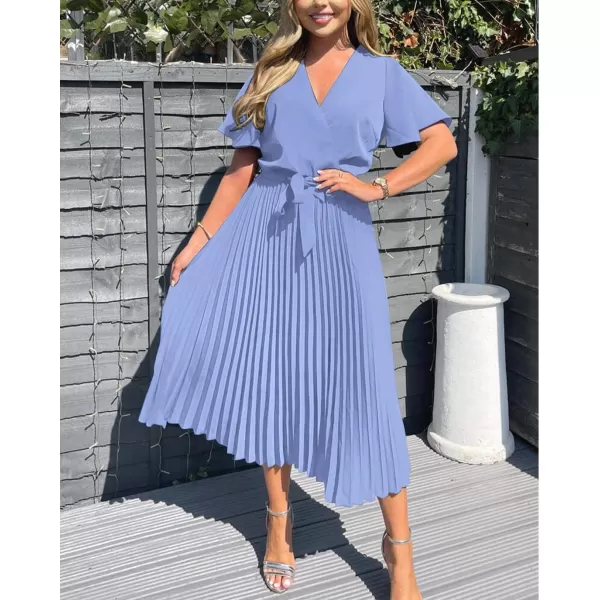 imageBTFBM Women Wrap V Neck Casual Summer Dresses 2023 Short Sleeve Satin Tie Waist Pleated Flowy Wedding Guest Midi DressSolid Light Blue