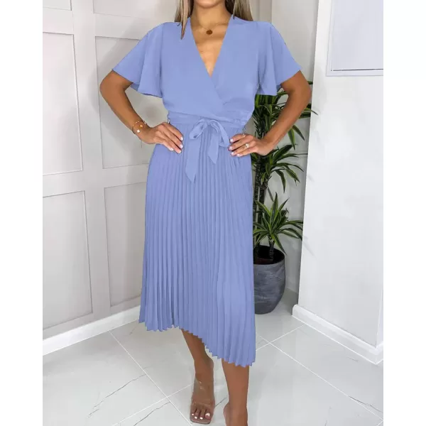 imageBTFBM Women Wrap V Neck Casual Summer Dresses 2023 Short Sleeve Satin Tie Waist Pleated Flowy Wedding Guest Midi DressSolid Light Blue