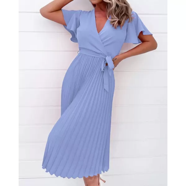 imageBTFBM Women Wrap V Neck Casual Summer Dresses 2023 Short Sleeve Satin Tie Waist Pleated Flowy Wedding Guest Midi DressSolid Light Blue