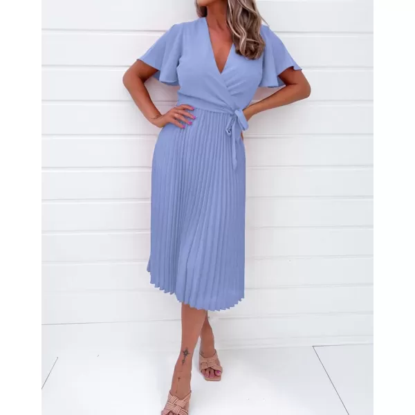 imageBTFBM Women Wrap V Neck Casual Summer Dresses 2023 Short Sleeve Satin Tie Waist Pleated Flowy Wedding Guest Midi DressSolid Light Blue