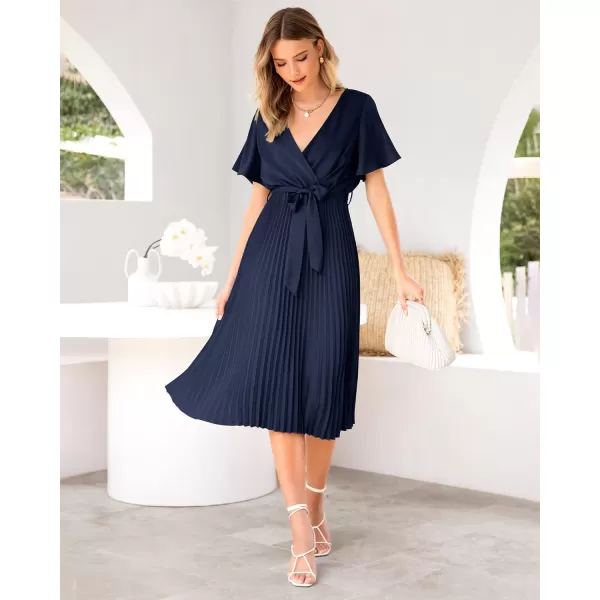 imageBTFBM Women Wrap V Neck Casual Summer Dresses 2023 Short Sleeve Satin Tie Waist Pleated Flowy Wedding Guest Midi DressSolid Navy