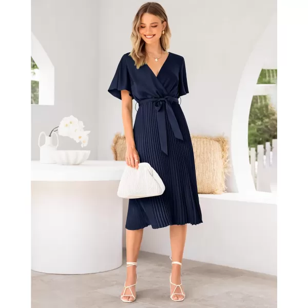imageBTFBM Women Wrap V Neck Casual Summer Dresses 2023 Short Sleeve Satin Tie Waist Pleated Flowy Wedding Guest Midi DressSolid Navy