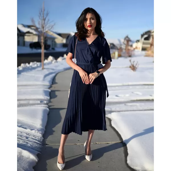 imageBTFBM Women Wrap V Neck Casual Summer Dresses 2023 Short Sleeve Satin Tie Waist Pleated Flowy Wedding Guest Midi DressSolid Navy