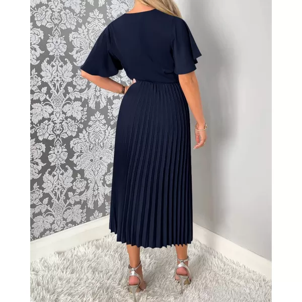 imageBTFBM Women Wrap V Neck Casual Summer Dresses 2023 Short Sleeve Satin Tie Waist Pleated Flowy Wedding Guest Midi DressSolid Navy