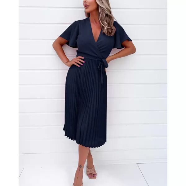 imageBTFBM Women Wrap V Neck Casual Summer Dresses 2023 Short Sleeve Satin Tie Waist Pleated Flowy Wedding Guest Midi DressSolid Navy