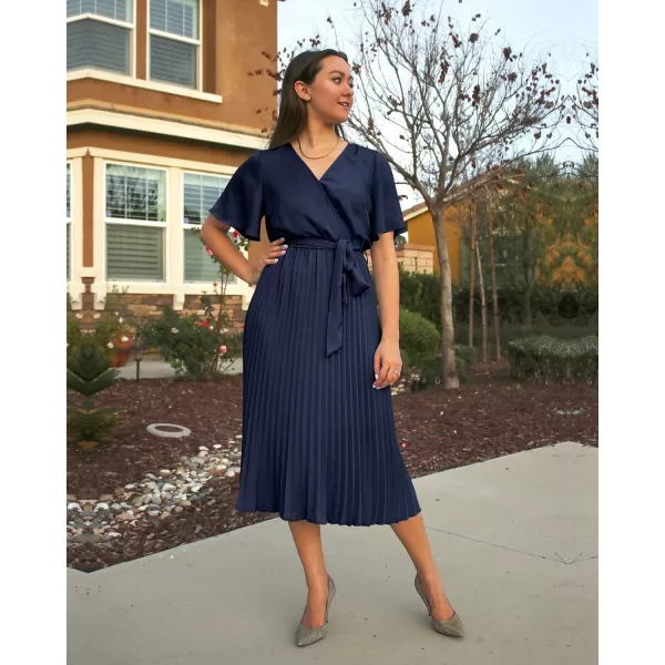 imageBTFBM Women Wrap V Neck Casual Summer Dresses 2023 Short Sleeve Satin Tie Waist Pleated Flowy Wedding Guest Midi DressSolid Navy