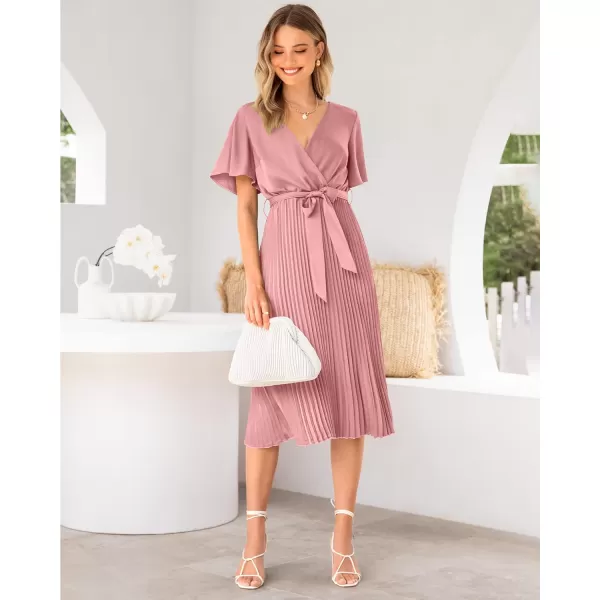 imageBTFBM Women Wrap V Neck Casual Summer Dresses 2023 Short Sleeve Satin Tie Waist Pleated Flowy Wedding Guest Midi DressSolid Pink