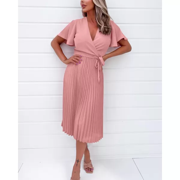 imageBTFBM Women Wrap V Neck Casual Summer Dresses 2023 Short Sleeve Satin Tie Waist Pleated Flowy Wedding Guest Midi DressSolid Pink