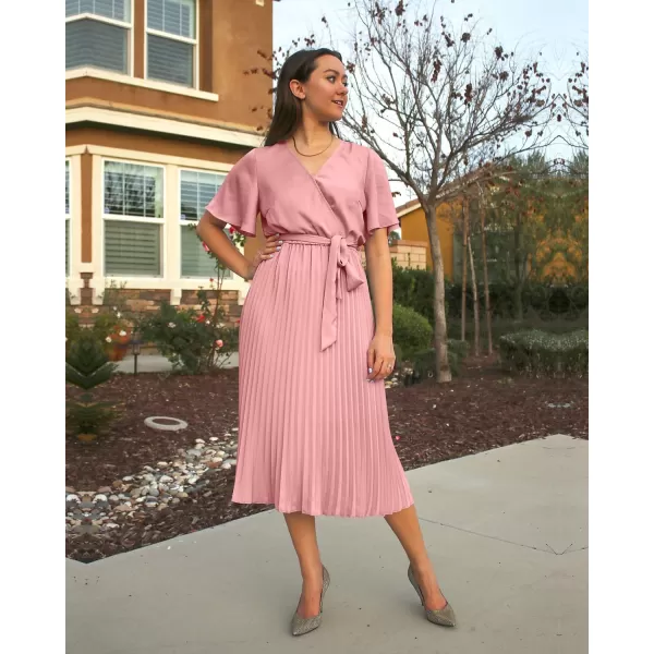 imageBTFBM Women Wrap V Neck Casual Summer Dresses 2023 Short Sleeve Satin Tie Waist Pleated Flowy Wedding Guest Midi DressSolid Pink