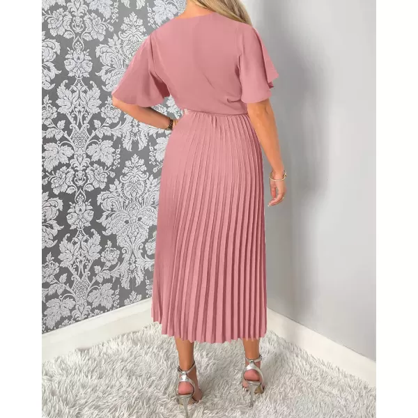 imageBTFBM Women Wrap V Neck Casual Summer Dresses 2023 Short Sleeve Satin Tie Waist Pleated Flowy Wedding Guest Midi DressSolid Pink