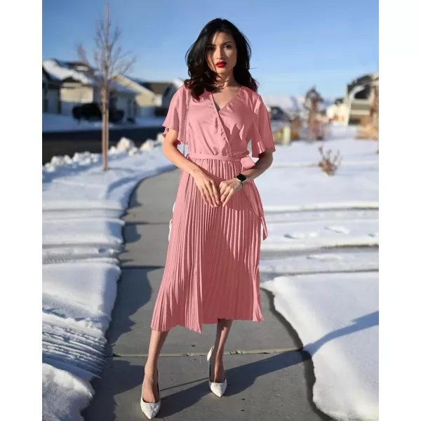 imageBTFBM Women Wrap V Neck Casual Summer Dresses 2023 Short Sleeve Satin Tie Waist Pleated Flowy Wedding Guest Midi DressSolid Pink