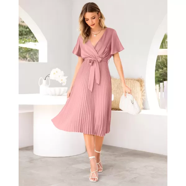 imageBTFBM Women Wrap V Neck Casual Summer Dresses 2023 Short Sleeve Satin Tie Waist Pleated Flowy Wedding Guest Midi DressSolid Pink