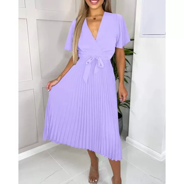 imageBTFBM Women Wrap V Neck Casual Summer Dresses 2023 Short Sleeve Satin Tie Waist Pleated Flowy Wedding Guest Midi DressSolid Purple
