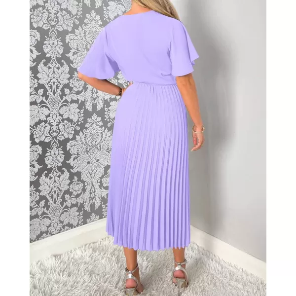 imageBTFBM Women Wrap V Neck Casual Summer Dresses 2023 Short Sleeve Satin Tie Waist Pleated Flowy Wedding Guest Midi DressSolid Purple