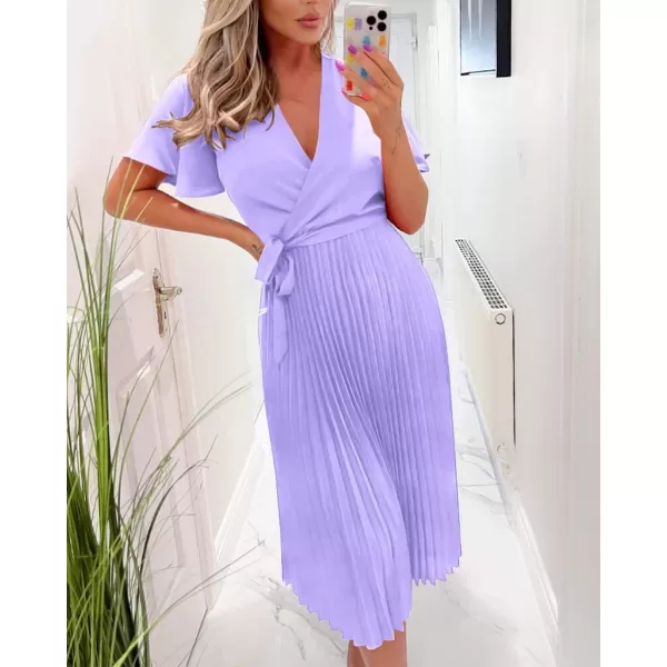 imageBTFBM Women Wrap V Neck Casual Summer Dresses 2023 Short Sleeve Satin Tie Waist Pleated Flowy Wedding Guest Midi DressSolid Purple