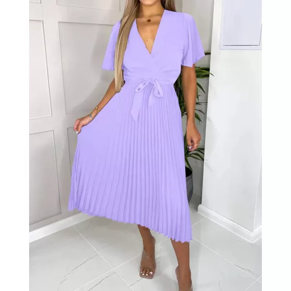 imageBTFBM Women Wrap V Neck Casual Summer Dresses 2023 Short Sleeve Satin Tie Waist Pleated Flowy Wedding Guest Midi DressSolid Purple
