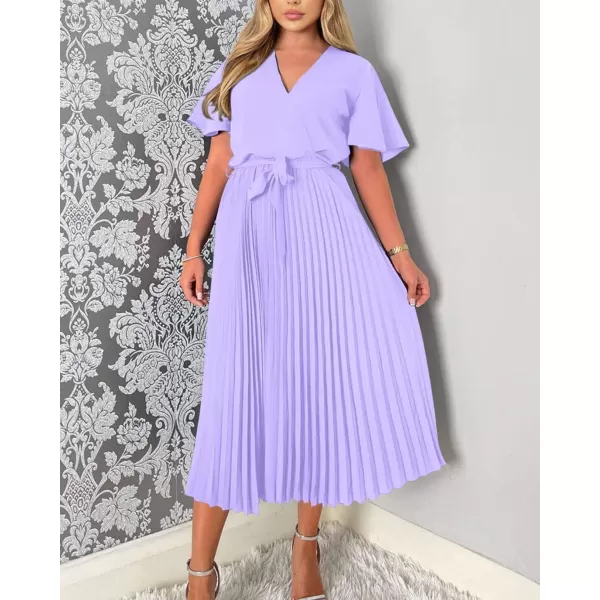 imageBTFBM Women Wrap V Neck Casual Summer Dresses 2023 Short Sleeve Satin Tie Waist Pleated Flowy Wedding Guest Midi DressSolid Purple