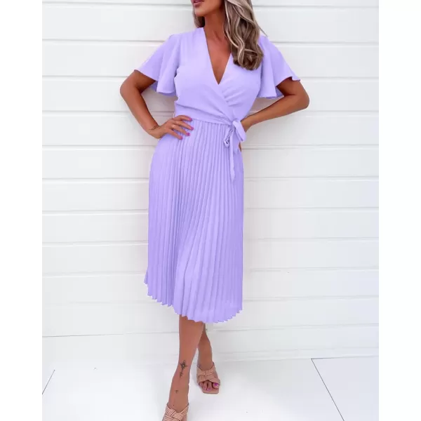 imageBTFBM Women Wrap V Neck Casual Summer Dresses 2023 Short Sleeve Satin Tie Waist Pleated Flowy Wedding Guest Midi DressSolid Purple
