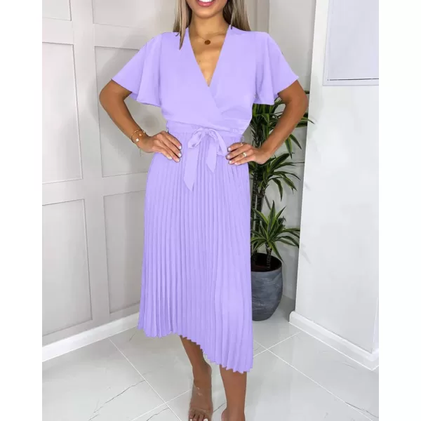 imageBTFBM Women Wrap V Neck Casual Summer Dresses 2023 Short Sleeve Satin Tie Waist Pleated Flowy Wedding Guest Midi DressSolid Purple