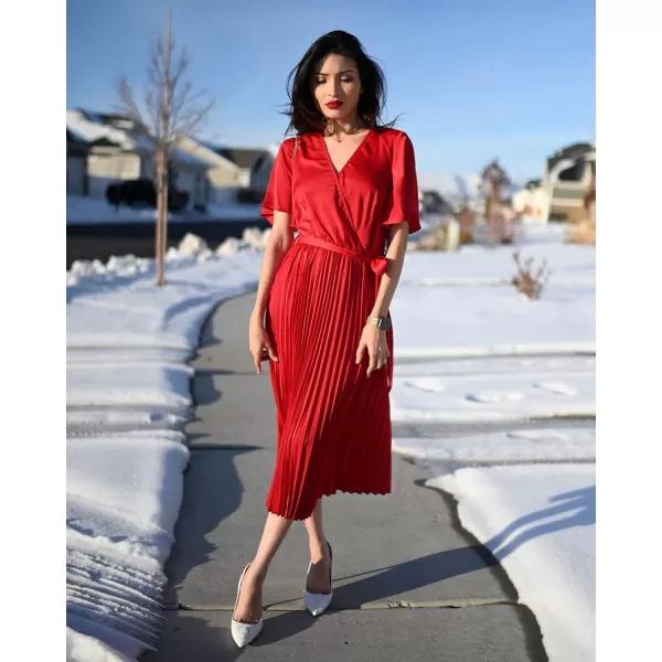 imageBTFBM Women Wrap V Neck Casual Summer Dresses 2023 Short Sleeve Satin Tie Waist Pleated Flowy Wedding Guest Midi DressSolid Red