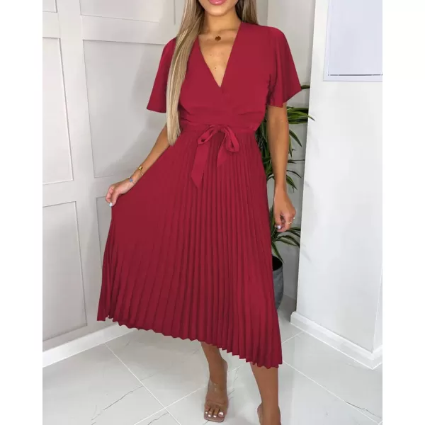 imageBTFBM Women Wrap V Neck Casual Summer Dresses 2023 Short Sleeve Satin Tie Waist Pleated Flowy Wedding Guest Midi DressSolid Red