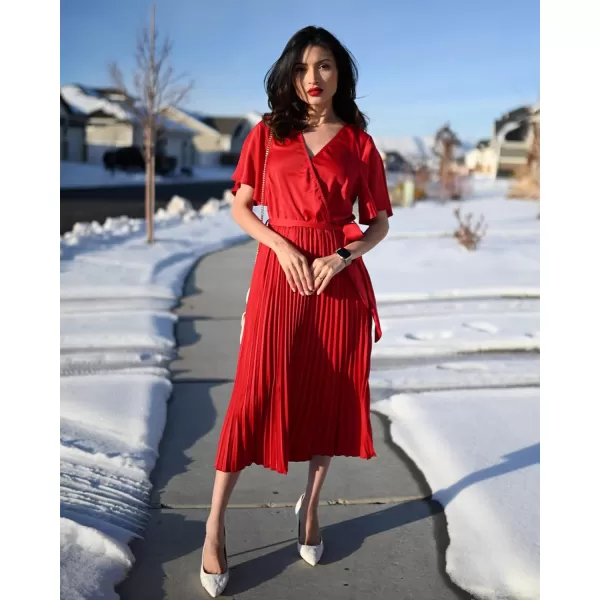 imageBTFBM Women Wrap V Neck Casual Summer Dresses 2023 Short Sleeve Satin Tie Waist Pleated Flowy Wedding Guest Midi DressSolid Red