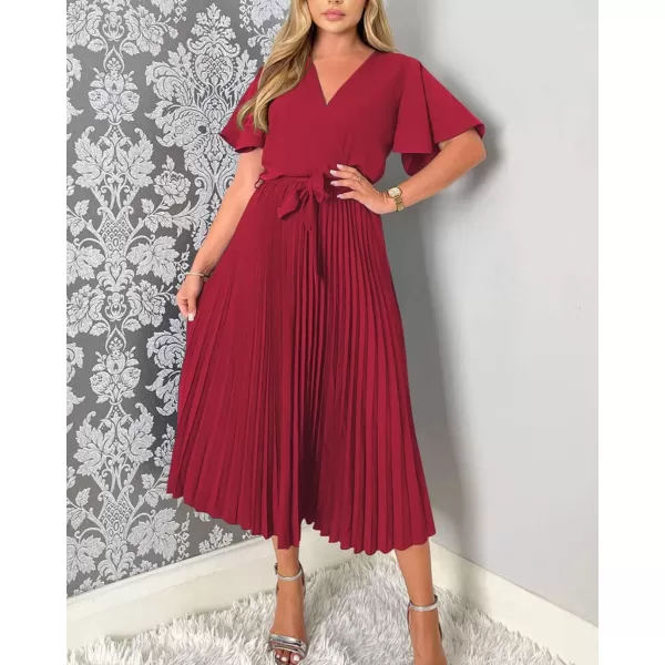 imageBTFBM Women Wrap V Neck Casual Summer Dresses 2023 Short Sleeve Satin Tie Waist Pleated Flowy Wedding Guest Midi DressSolid Red