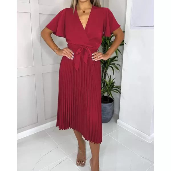 imageBTFBM Women Wrap V Neck Casual Summer Dresses 2023 Short Sleeve Satin Tie Waist Pleated Flowy Wedding Guest Midi DressSolid Red