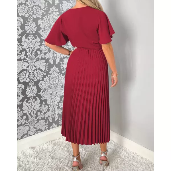 imageBTFBM Women Wrap V Neck Casual Summer Dresses 2023 Short Sleeve Satin Tie Waist Pleated Flowy Wedding Guest Midi DressSolid Red