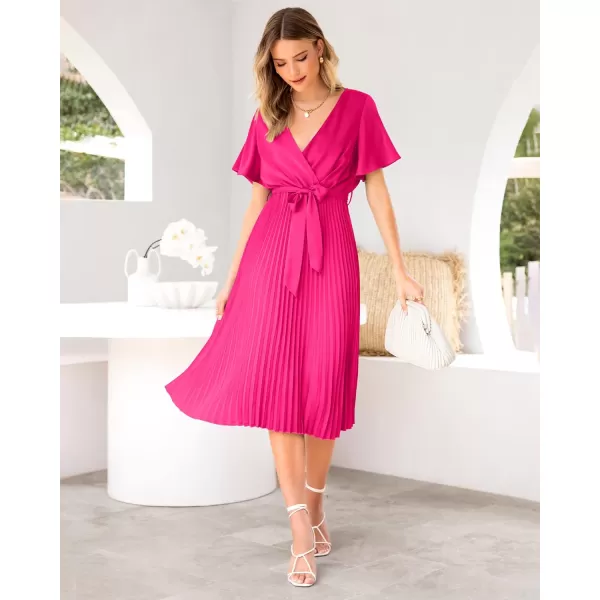 imageBTFBM Women Wrap V Neck Casual Summer Dresses 2023 Short Sleeve Satin Tie Waist Pleated Flowy Wedding Guest Midi DressSolid Rose Red