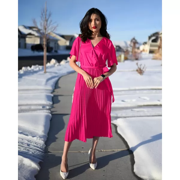 imageBTFBM Women Wrap V Neck Casual Summer Dresses 2023 Short Sleeve Satin Tie Waist Pleated Flowy Wedding Guest Midi DressSolid Rose Red