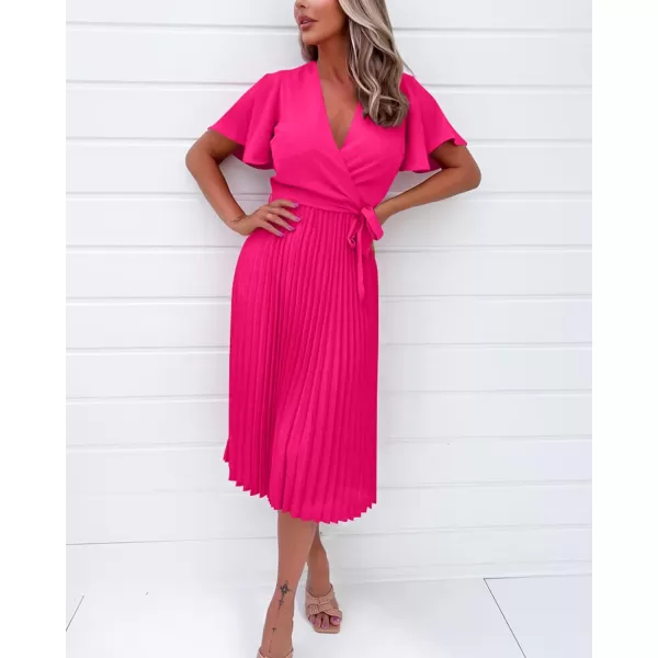 imageBTFBM Women Wrap V Neck Casual Summer Dresses 2023 Short Sleeve Satin Tie Waist Pleated Flowy Wedding Guest Midi DressSolid Rose Red