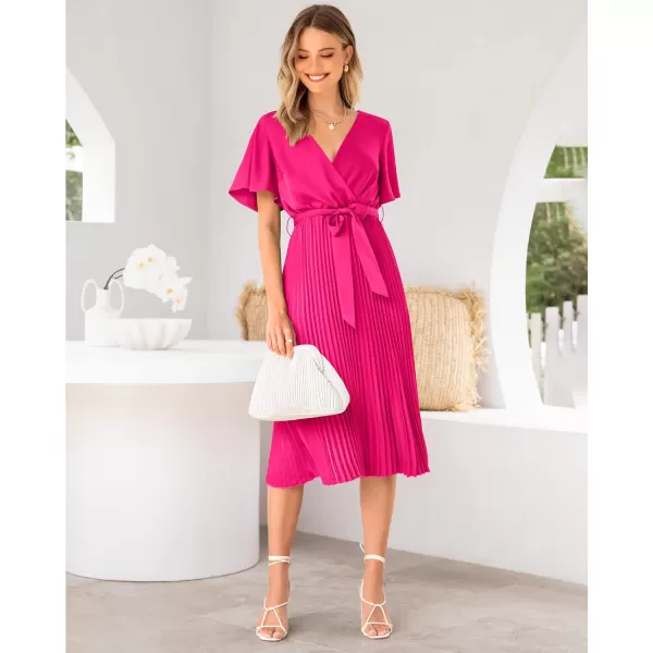 imageBTFBM Women Wrap V Neck Casual Summer Dresses 2023 Short Sleeve Satin Tie Waist Pleated Flowy Wedding Guest Midi DressSolid Rose Red