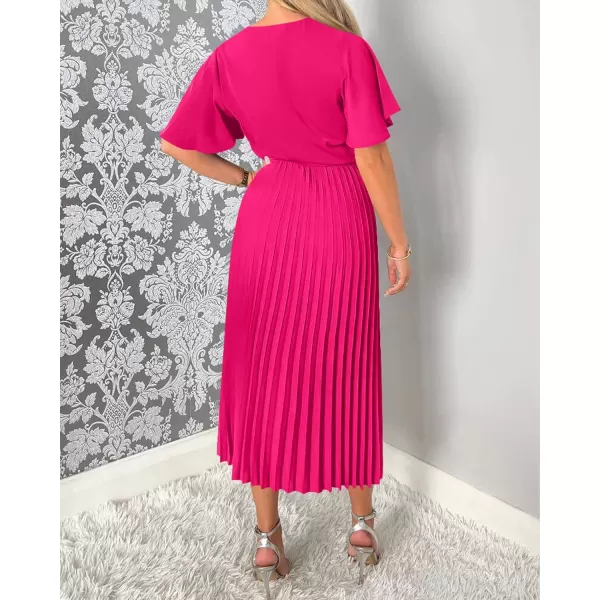 imageBTFBM Women Wrap V Neck Casual Summer Dresses 2023 Short Sleeve Satin Tie Waist Pleated Flowy Wedding Guest Midi DressSolid Rose Red