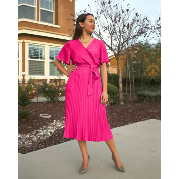 imageBTFBM Women Wrap V Neck Casual Summer Dresses 2023 Short Sleeve Satin Tie Waist Pleated Flowy Wedding Guest Midi DressSolid Rose Red