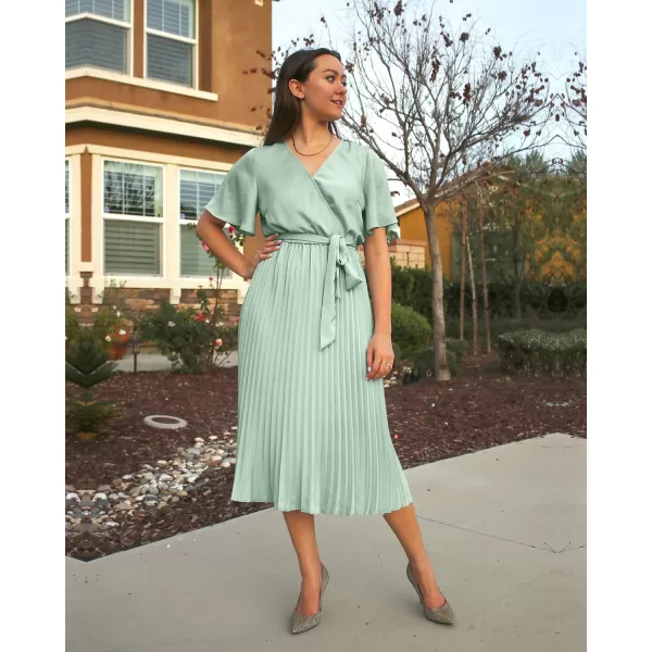 imageBTFBM Women Wrap V Neck Casual Summer Dresses 2023 Short Sleeve Satin Tie Waist Pleated Flowy Wedding Guest Midi DressSolid Tender Green