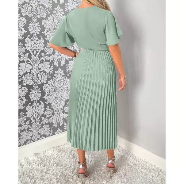 imageBTFBM Women Wrap V Neck Casual Summer Dresses 2023 Short Sleeve Satin Tie Waist Pleated Flowy Wedding Guest Midi DressSolid Tender Green