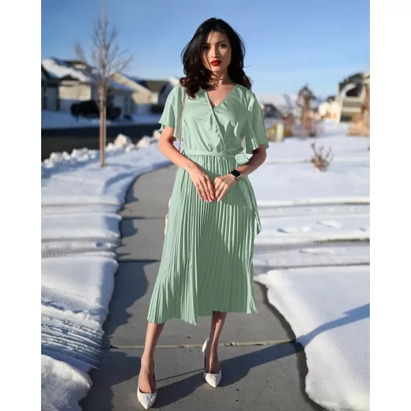 imageBTFBM Women Wrap V Neck Casual Summer Dresses 2023 Short Sleeve Satin Tie Waist Pleated Flowy Wedding Guest Midi DressSolid Tender Green