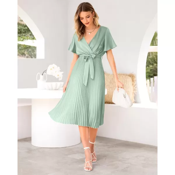 imageBTFBM Women Wrap V Neck Casual Summer Dresses 2023 Short Sleeve Satin Tie Waist Pleated Flowy Wedding Guest Midi DressSolid Tender Green