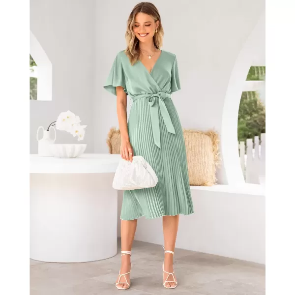 imageBTFBM Women Wrap V Neck Casual Summer Dresses 2023 Short Sleeve Satin Tie Waist Pleated Flowy Wedding Guest Midi DressSolid Tender Green