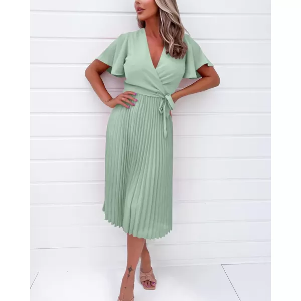 imageBTFBM Women Wrap V Neck Casual Summer Dresses 2023 Short Sleeve Satin Tie Waist Pleated Flowy Wedding Guest Midi DressSolid Tender Green