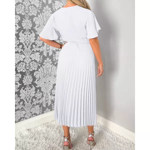imageBTFBM Women Wrap V Neck Casual Summer Dresses 2023 Short Sleeve Satin Tie Waist Pleated Flowy Wedding Guest Midi DressSolid White